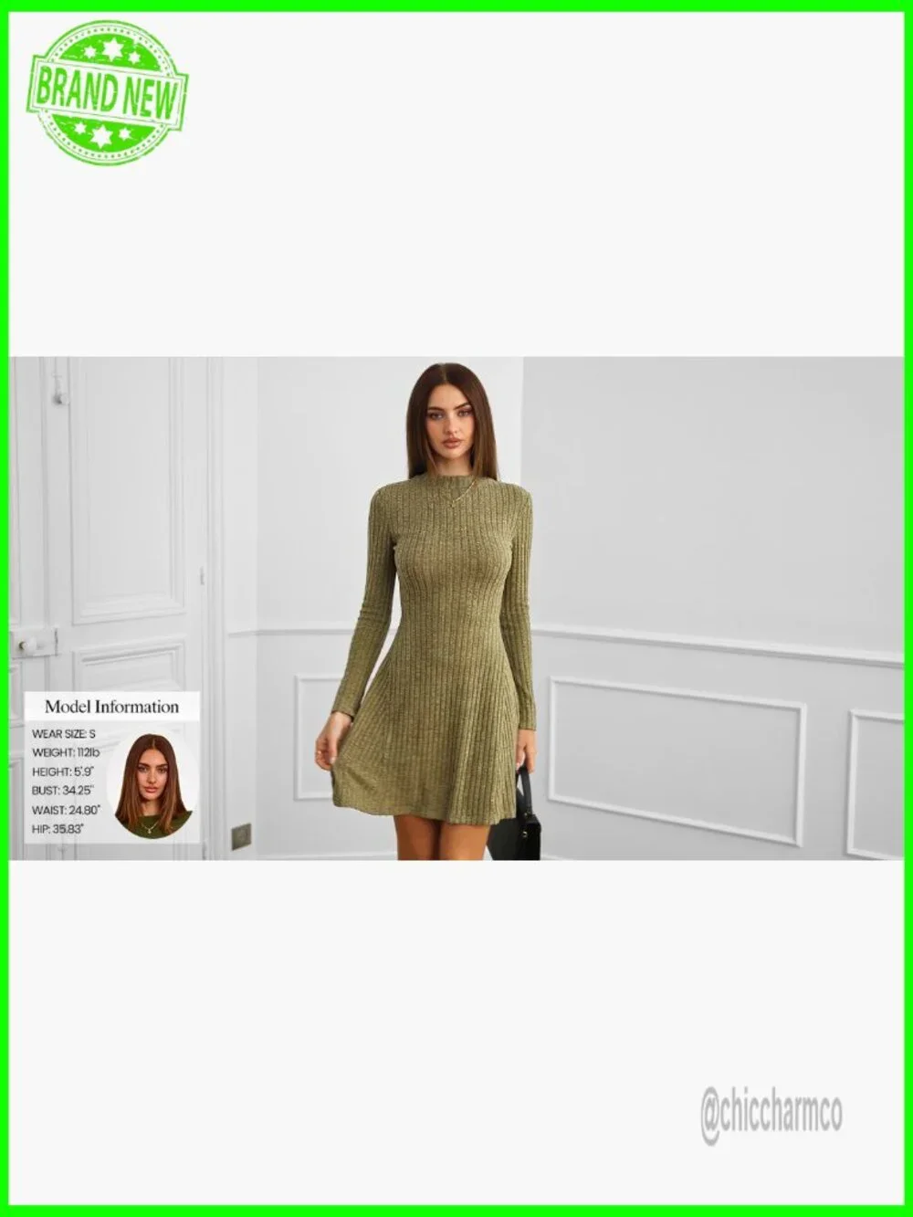 Ribbed Knit Mock Neck A-Line Sweater Dress Long Sleeve Fit Flare - Picture 6 of 6